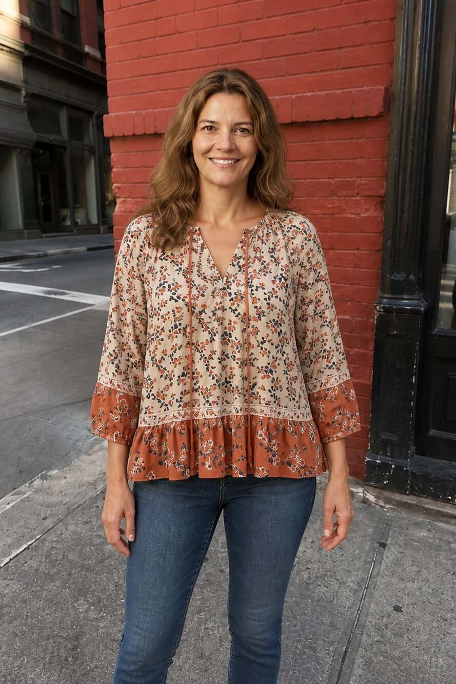 LOFT Floral Print Tunic Blouse Size XS Peach Orange Boho Tie Neck
